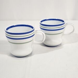 Pair of 2007 Starbucks Coffee Tea Mugs 12 oz Blue Green Stripe